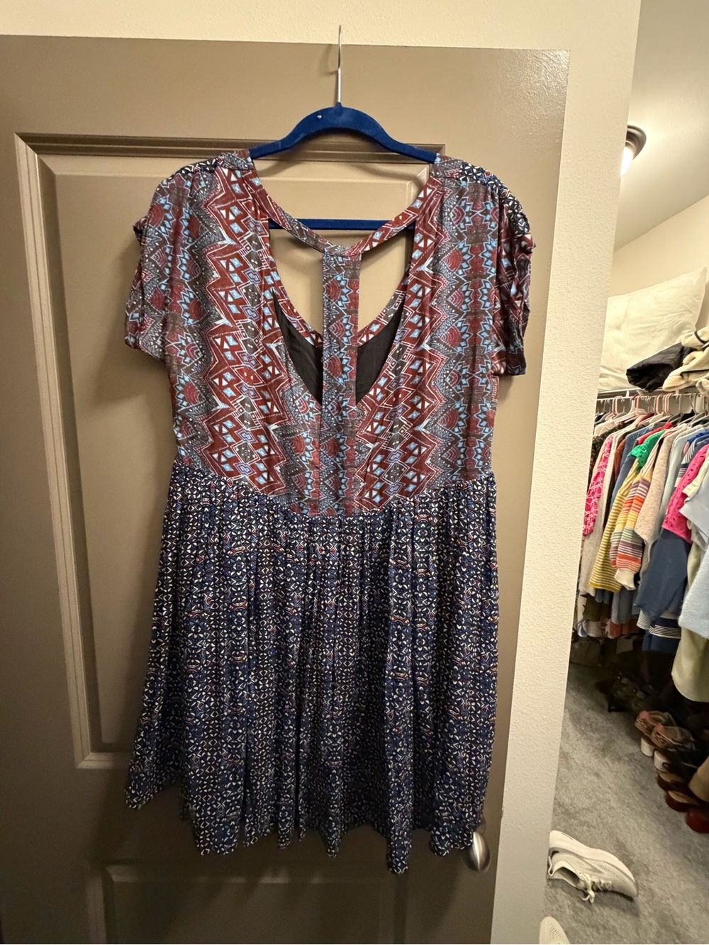 Free People Navy and Rust Printed V-Neck Boho Dress - Picture 2 of 2